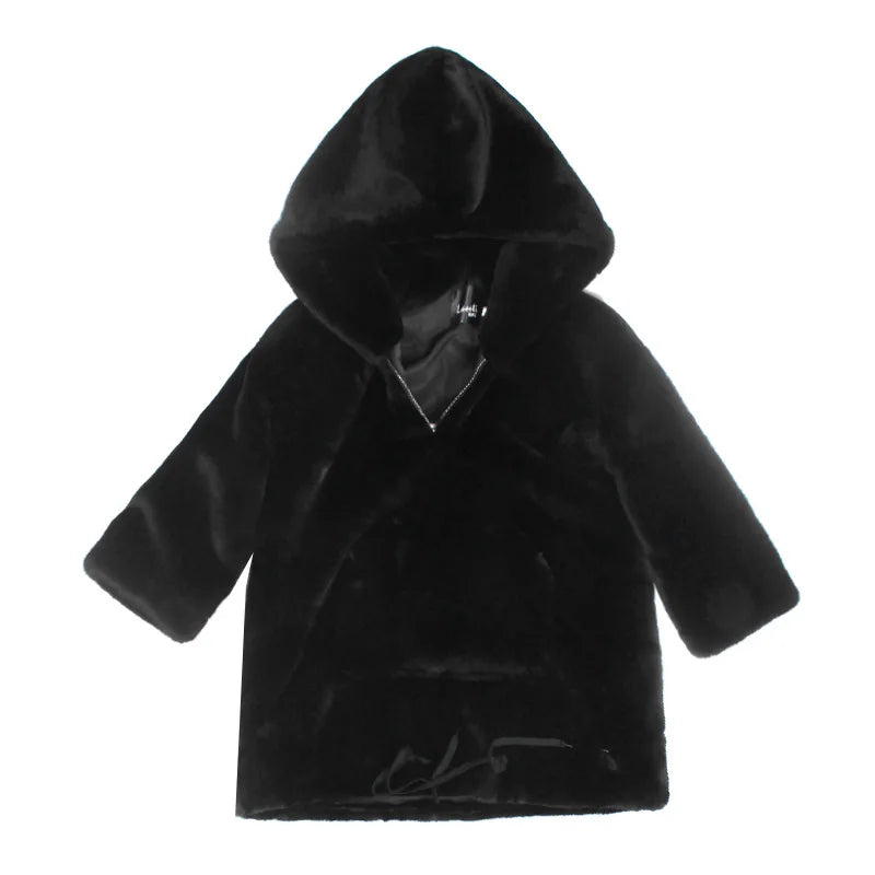 Abrigo largo de piel sintética de marca de lujo de moda para mujer, chaqueta cálida con bolsillos grandes y capucha con cremallera, abrigos de felpa de piel de conejo sintética