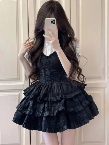 Conjunto de vestido de dos piezas Y2K para mujer, camisa de manga abullonada, minivestido negro con volantes en forma de A, traje de moda coreana, nuevo atuendo de verano