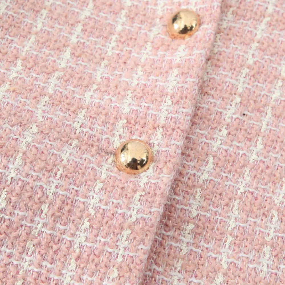 2 pieces 1 Set  French Style Retro Pink Plaid Woven Tweed Blazer + High Waist Mini Shorts Pants Suits