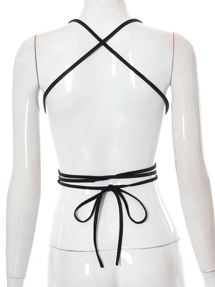 Women’s Sexy Hollow Out Bandage Crop Tops, Super Short, Y2k Accessories, Black Spaghetti Strap Camis, Streetwear, Women Clothes