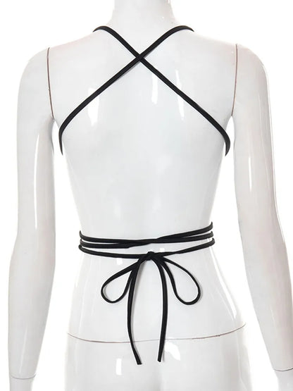 Women’s Sexy Hollow Out Bandage Crop Tops, Super Short, Y2k Accessories, Black Spaghetti Strap Camis, Streetwear, Women Clothes