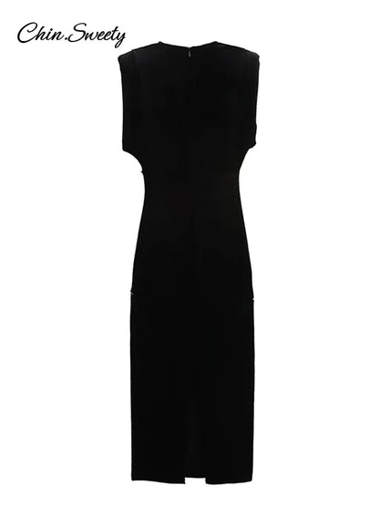 Vestido largo vintage de terciopelo con escote en V para mujer, elegante, sin mangas, plisado, con botones de metal, cintura alta, para fiesta, 2025, vestido de noche para mujer