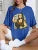 Camiseta holgada informal de algodón de manga corta con estampado de "Haciendo bromas a la Mona Lisa" para mujer
