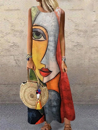 Vestidos largos sin mangas con estampado vintage para mujer, moda de verano, cuello redondo, vestido maxi holgado, ropa de viaje con temperamento, vestido femenino