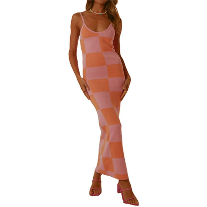 y2k Knitted Dresses Women Geometric Print Spaghetti Strap Sleeveless Bodycon Dresses 2000s Long Night Party Dresses