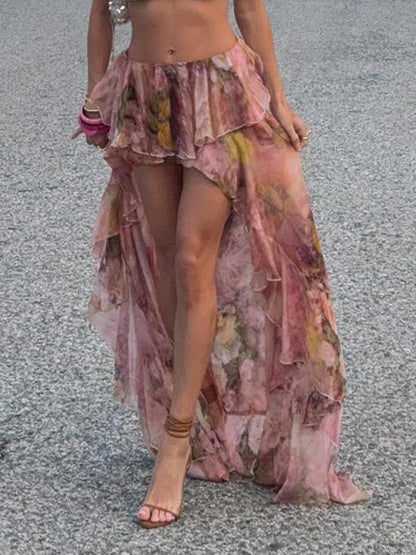 Falda playera bohemia de gasa con volantes y estampado floral para mujer, asimétrica, con dobladillo inclinado, rosa, romántica, elegante y sexy para vacaciones.
