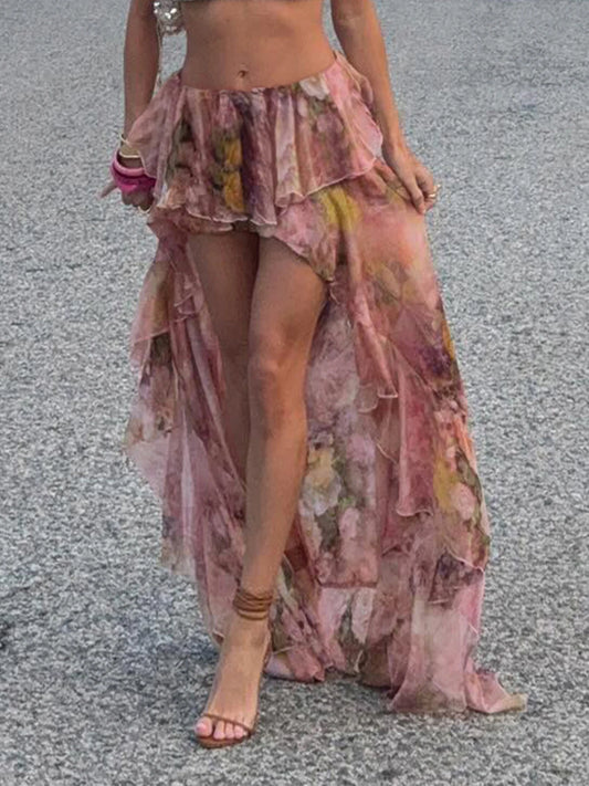 Beach Boho Floral Print Chiffon Ruffled Skirt Women Asymmetrical Dipped Hem Pink Romantic Elegant Sexy Vacation Skirts