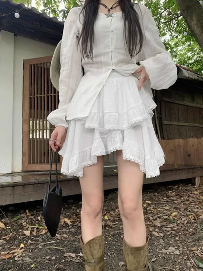 Lace High Waist Irregular Cake Skirts for Women A-line Sweet Girls All-match Korean Fashion Spring Summer Black White