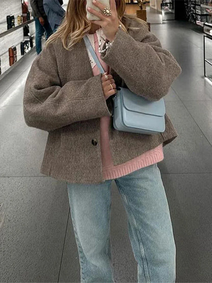 Chaquetas de bolsillo de moda vintage para mujer, abrigo de invierno con solapa para la calle, elegante y liso para el día a día.