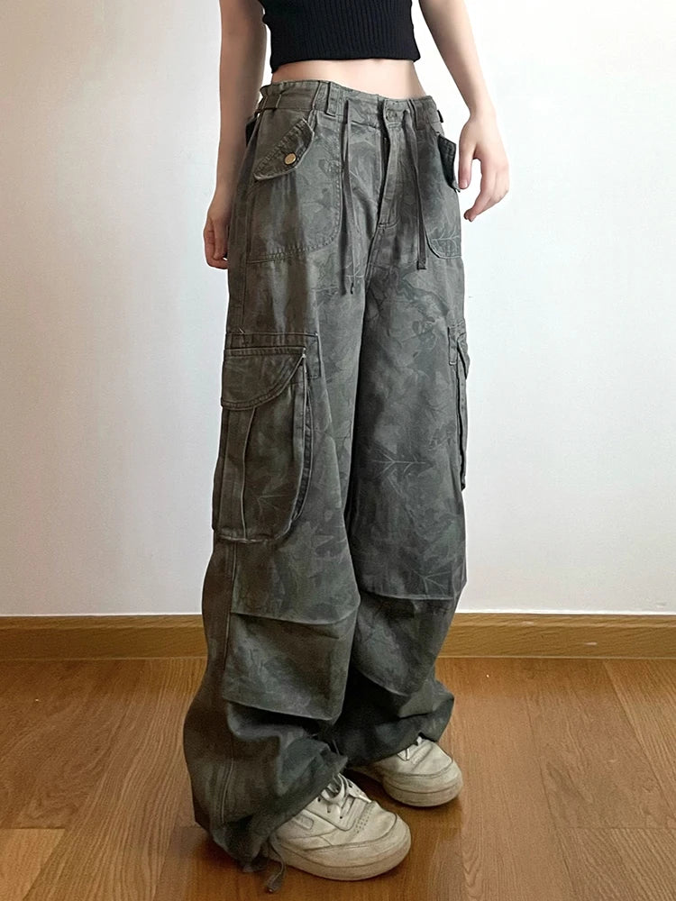 Pantalones vaqueros cargo con estampado de camuflaje para mujer, bolsillos, cintura media, estilo vintage preppy hippie, rectos