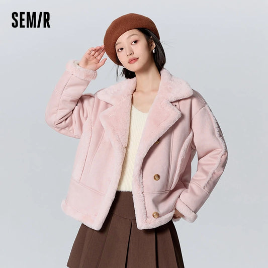 Chaqueta de mujer de gamuza sintética de piel de conejo sintética cálida de invierno nueva solapa estilo motociclista chaqueta holgada retro