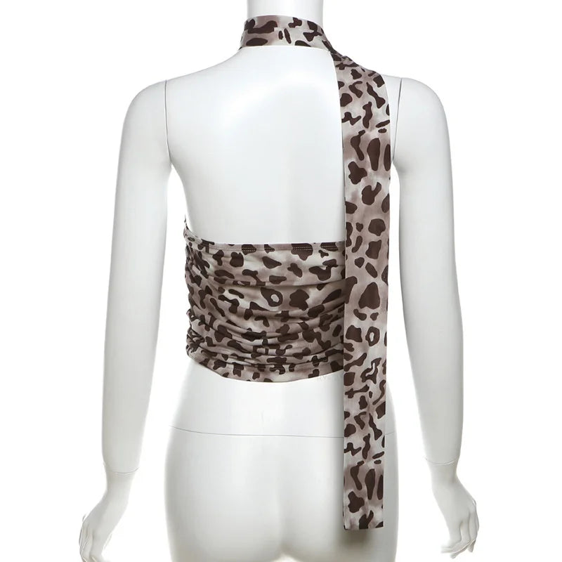 Blusa informal de verano con estampado de leopardo y tul para mujer, con escote recto, hombros descubiertos y bandeau.