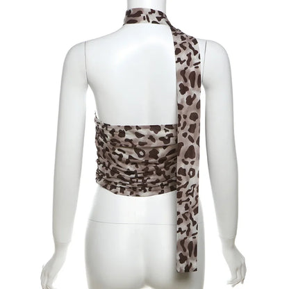 Blusa informal de verano con estampado de leopardo y tul para mujer, con escote recto, hombros descubiertos y bandeau.