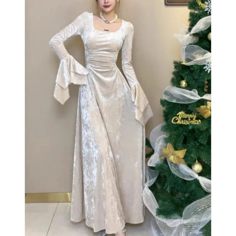 Vestidos largos de terciopelo Y2K para mujer, con mangas acampanadas, cuello cuadrado, cintura estrecha, corte en A, para fiesta de noche y graduación, para otoño e invierno