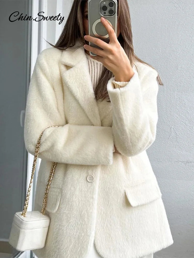 White Mohair Blazer Coat Women Loose Lapel Single-breasted Long Sleeve Thick Warm Jackets 2025 New Office Lady Street Outerwear