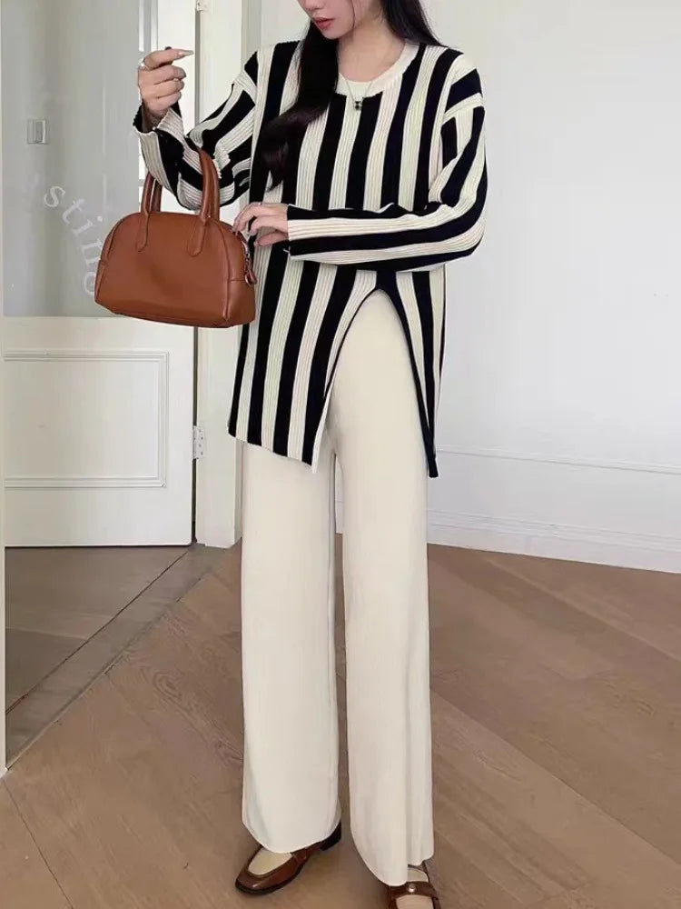 Striped Knitwear Fashion 2 Piece-Set For Women Contrast Long Sleeve Split Straight Trousers Outfits Women’s Pants Sets