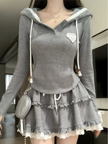 Conjunto de falda de dos piezas Y2K para mujer, otoño, nuevo, con capucha, manga larga, top corto, encaje, volantes, minifalda, trajes de moda coreana, trajes Kawaii