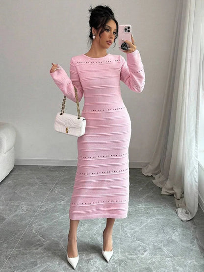 Striped Hollow Two-Wear Knitted Long Dress For Women Fashion Party Club Sweater Dress Vestido FemaleSlim Solid Outfits