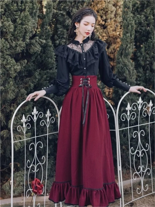 Conjuntos de falda gótica vintage de dos piezas para mujer, blusa negra con volantes de encaje, falda midi con cordones, trajes retro de otoño, atuendos Y2k