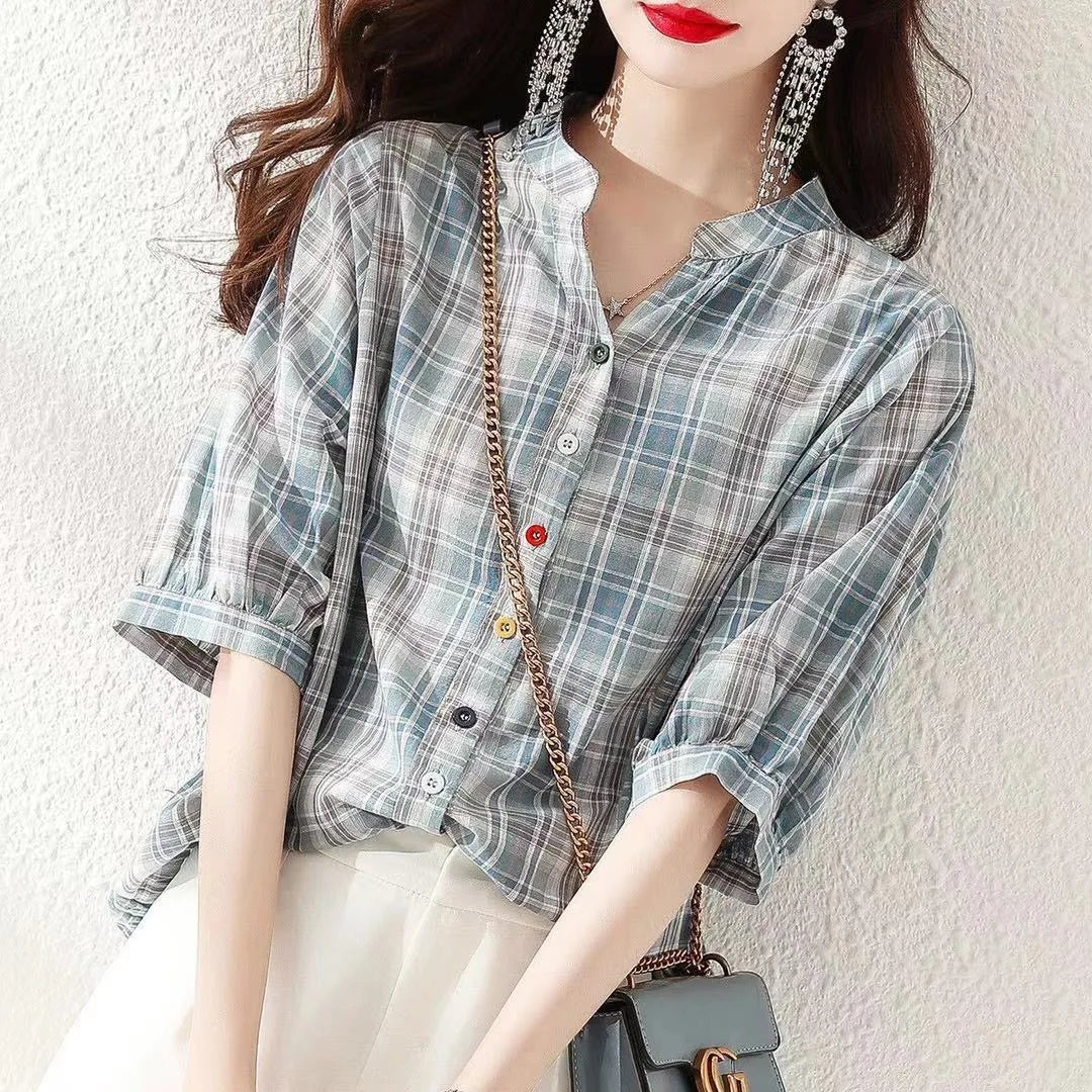 Blusas de verano para mujer, informales, con cuello en V, manga corta, a rayas y estampado DF4537