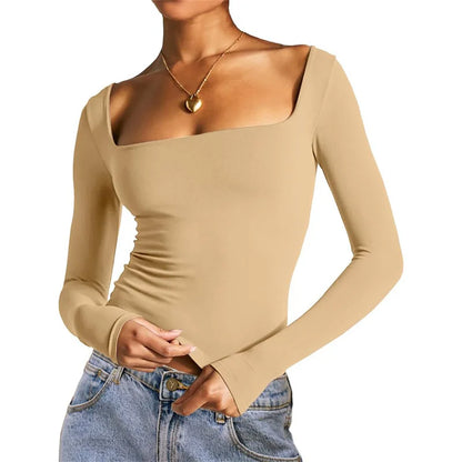 Square Collar Crop Top y2k Clothes Women Solid Color Long Sleeve T Shirt Basic Slim Fit Tees 2000s Clothing Streetwear