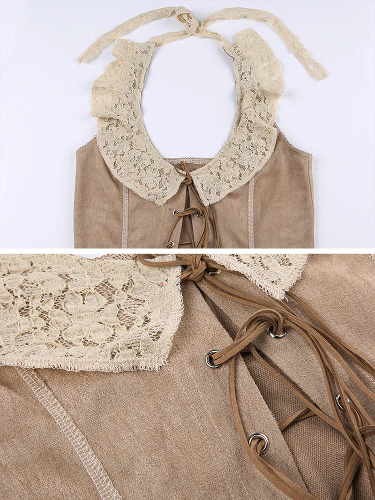 Chaleco vintage de gamuza para mujer, top Y2K con cordones, ajustado, sexy, sin mangas, de los años 2000, con ribete de encaje, estilo halter, ropa grunge