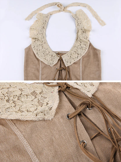 Chaleco vintage de gamuza para mujer, top Y2K con cordones, ajustado, sexy, sin mangas, de los años 2000, con ribete de encaje, estilo halter, ropa grunge