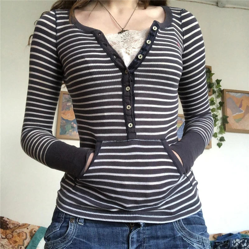 Women T Shirt y2k Aesthetic Striped Button Long Sleeve Tops with Pocket 2000s Clothing Slim Soft Tee Sweats Streetwear
