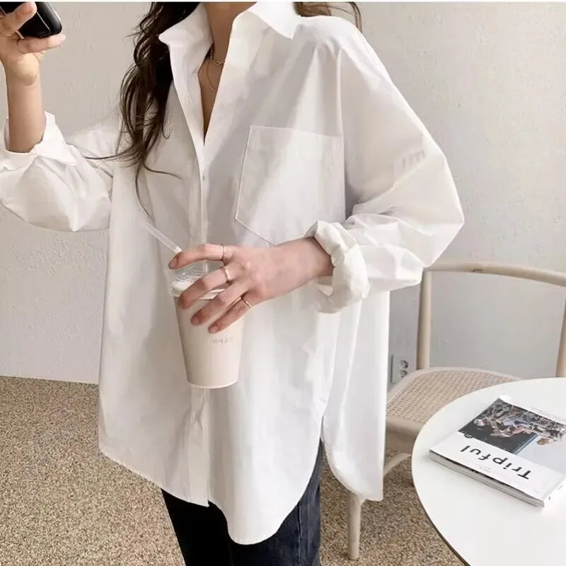 Blusas blancas elegantes y holgadas informales de oficina para mujer, nuevas camisas de algodón de manga larga para mujer, blusas con cuello vuelto
