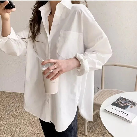 Blusas blancas elegantes y holgadas informales de oficina para mujer, nuevas camisas de algodón de manga larga para mujer, blusas con cuello vuelto