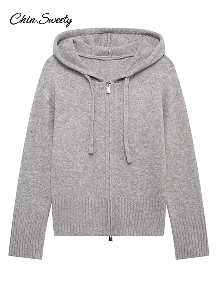 Casual Hooded Cardigans Women Gray Long Sleeve Soft Zipper Ribbed Sweater Female 2025 Spring Fashion Simple Slim-fit Top New