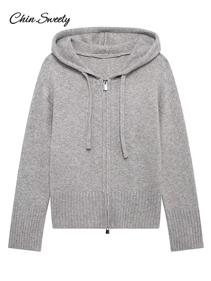 Casual Hooded Cardigans Women Gray Long Sleeve Soft Zipper Ribbed Sweater Female 2025 Spring Fashion Simple Slim-fit Top New