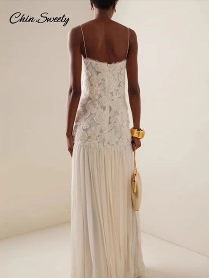 Elegante vestido largo blanco con estampado floral 3D para mujer, con retazos, espalda descubierta, plisado, para fiesta de noche, verano 2025, corte A