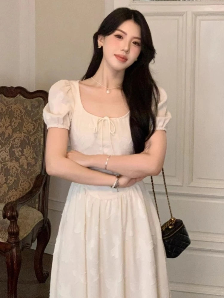 Elegantes vestidos midi para mujer, novedad de verano, manga abullonada, cuello cuadrado, corte A, vestido informal para fiesta de cumpleaños, vestido coreano de una pieza