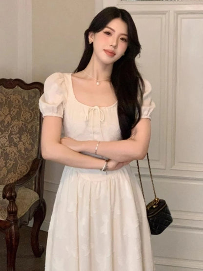 Elegantes vestidos midi para mujer, novedad de verano, manga abullonada, cuello cuadrado, corte A, vestido informal para fiesta de cumpleaños, vestido coreano de una pieza