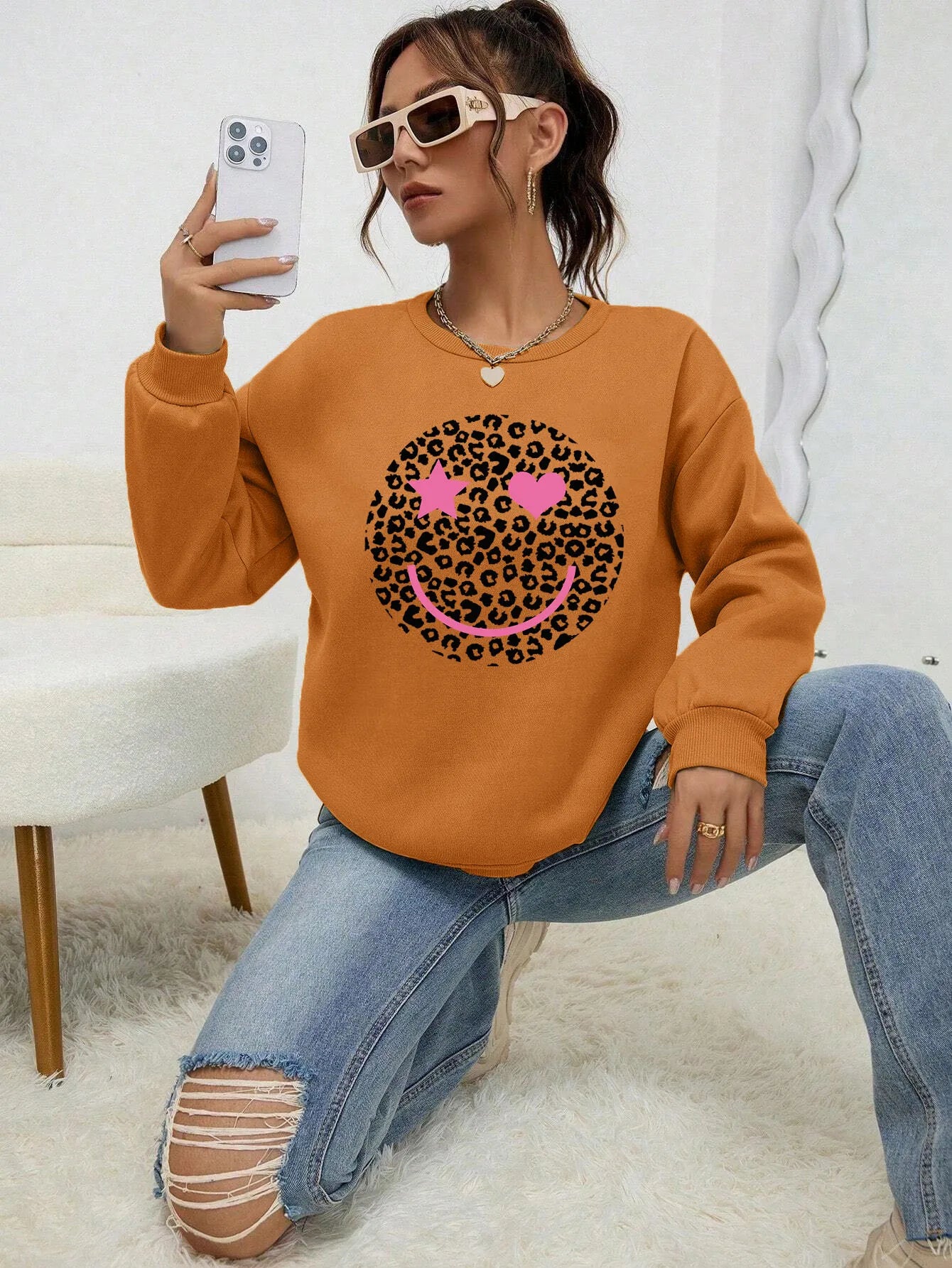Leopard Print Smile Face Love Printed Sweatshirt Womens Autumn Soft Hoody Fleece Warm Hoodies Street All-Match Female Pullover