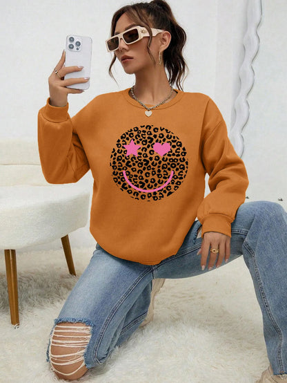 Leopard Print Smile Face Love Printed Sweatshirt Womens Autumn Soft Hoody Fleece Warm Hoodies Street All-Match Female Pullover