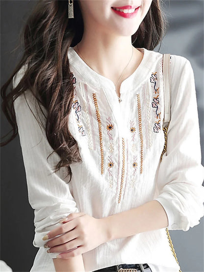 Blusas blancas de primavera y otoño para mujer, blusas informales bordadas con cuello en V y manga larga, blusas vintage holgadas DF4272