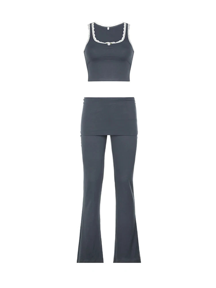 Conjunto de dos piezas Y2K con ribete de encaje de retazos para mujer, top corto ajustado sin mangas con cuello cuadrado y pantalones acampanados lisos, chándales