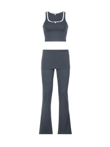 Conjunto de dos piezas Y2K con ribete de encaje de retazos para mujer, top corto ajustado sin mangas con cuello cuadrado y pantalones acampanados lisos, chándales