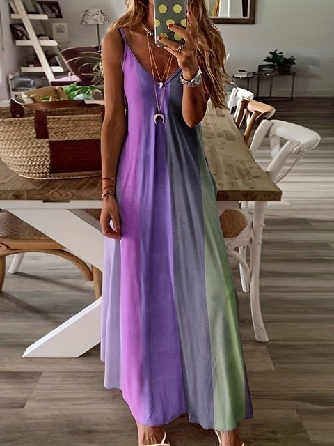 Vestidos de tirantes finos con estampado de degradado de color para mujer, moda de verano, cuello en V, estilo de vacaciones de playa, vestidos largos de línea A para mujer