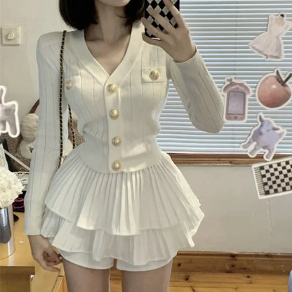 Conjunto de falda de dos piezas de punto de moda coreana de otoño para mujer, suéter informal de un solo pecho con cuello en V y minifalda con volantes, nuevos conjuntos Y2K