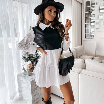 Vestido corto informal de manga larga a cuadros para mujer, vestido blanco corto de verano de piel sintética con retazos, minivestidos dulces de oficina para mujer