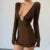 Vestido sexy metalizado ajustado con escote pronunciado para mujer, minivestido de manga larga con cintura alta, elegante, liso, para fiesta otoñal.