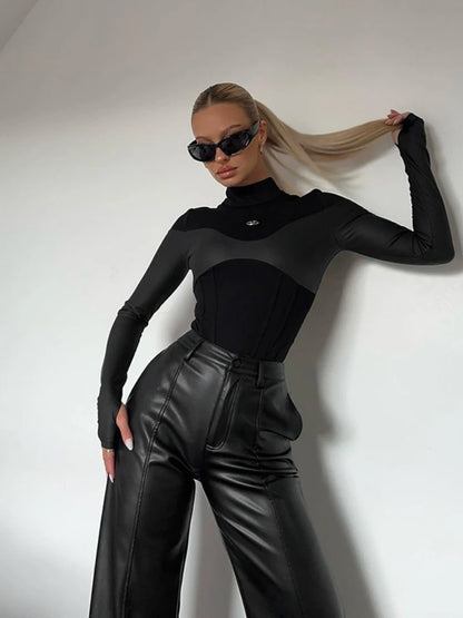 Body de manga larga con cuello alto para mujer, lencería sexy, top negro, mono de una pieza de PU con retazos
