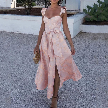 Vestidos largos sin mangas con estampado de flores para mujer, sexys, de corte bajo, sin espalda, con lazo, con abertura y temperamento, novedad de 2025