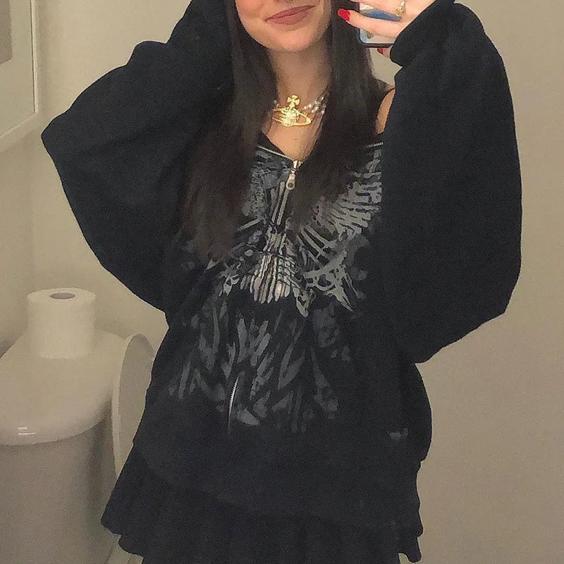 Dark personality printed hoodie female American  new black hooded zipper coat loose casual top