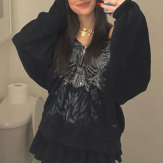 Dark personality printed hoodie female American  new black hooded zipper coat loose casual top