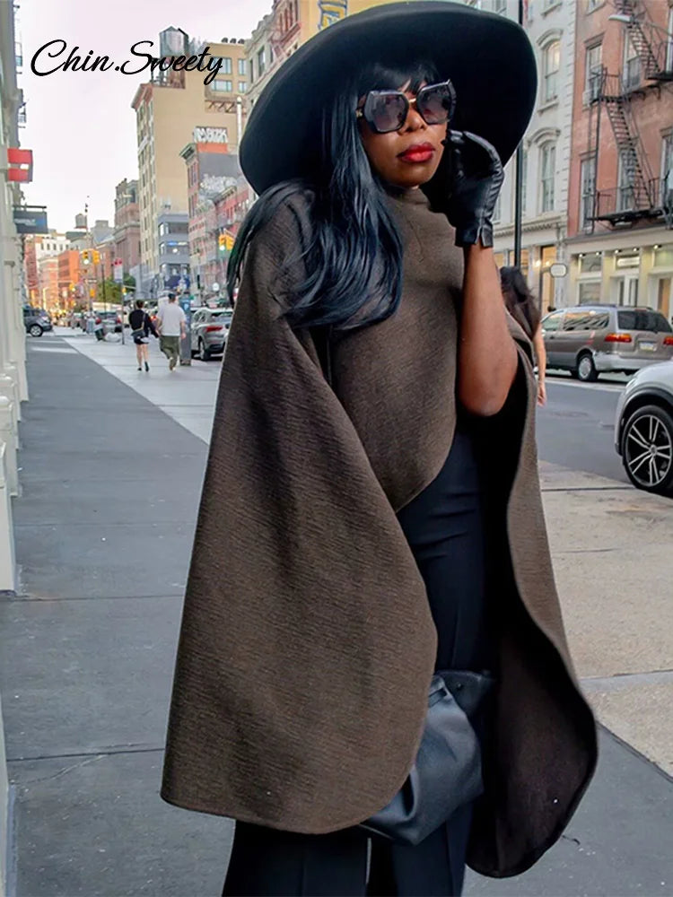 Elegant Irregular Cloak Coat Women Solid Half Sleeve O Neck Scarf Loose Female Jacket 2025 Winter Lady Thick Chic Overcoat New