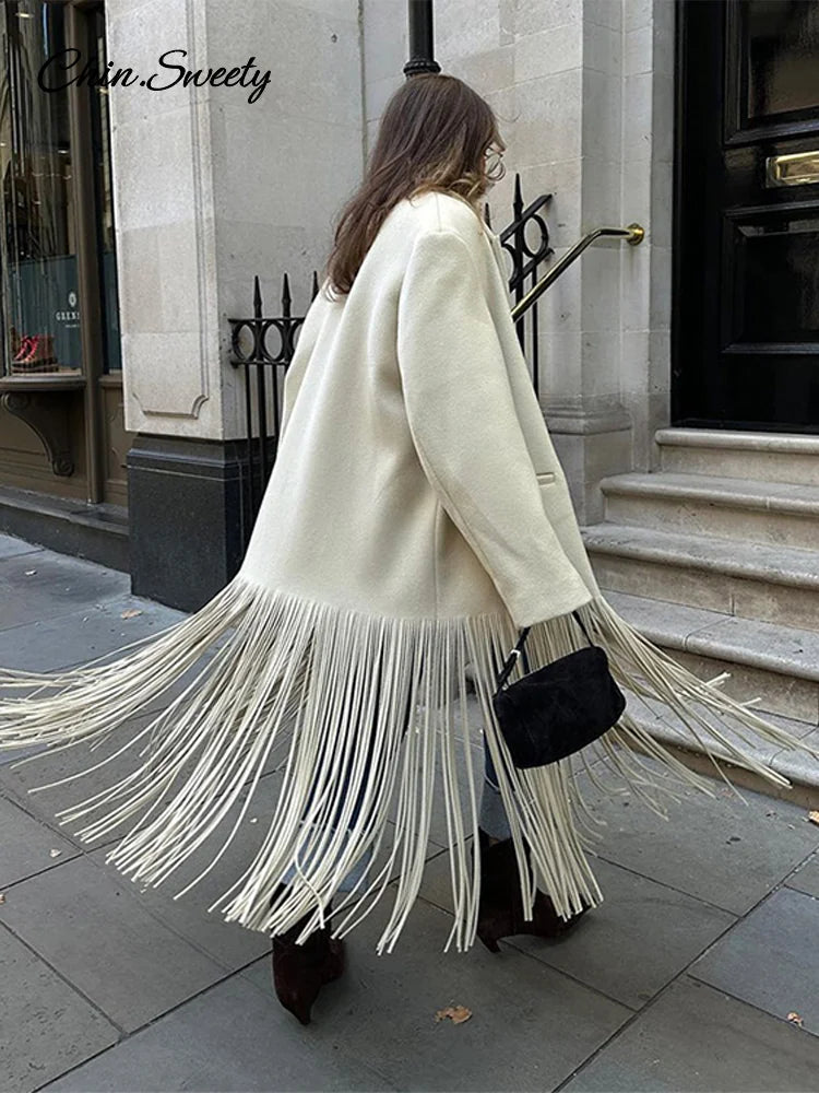 Abrigo largo de lana con borlas para mujer, chaqueta holgada de manga larga con solapa y botonadura sencilla, color marrón, primavera 2025